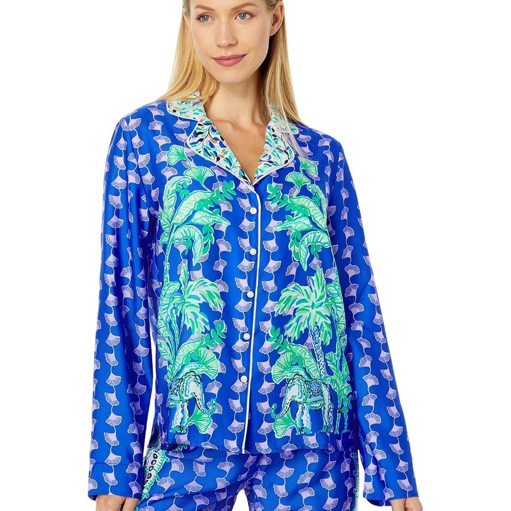 NWT Lilly Pulitzer PJ Satin Long Sleeve Top Blue Grotto Fan Favorite Sz Medium M